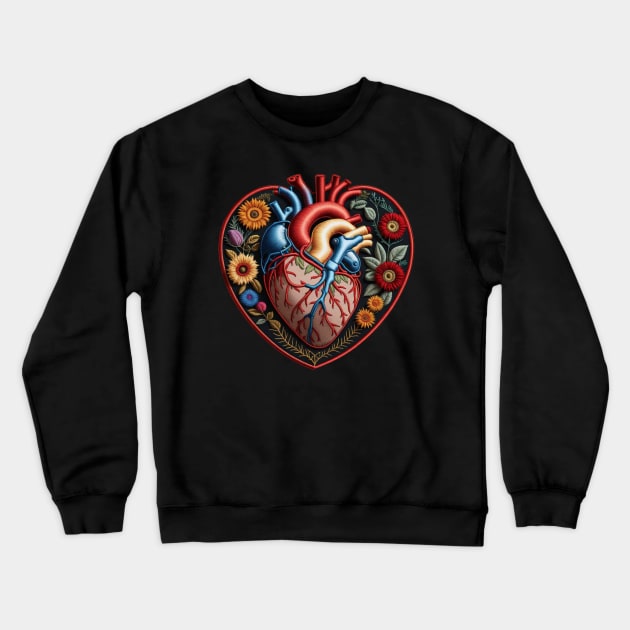 Valves Bursting Botanical Heart Embroidered Patch Crewneck Sweatshirt by Xie